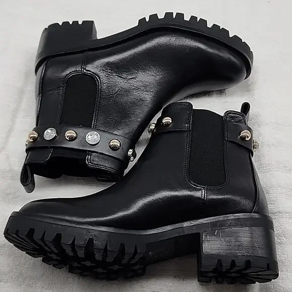 🐉KARL LAGERFELD🐉PORSHAY🐉PARIS BLACK LEATHER CHUNKY LUG SOLE LADIES 6.5 NWOB